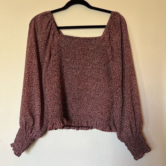 Madewell Women's M Burgundy Floral Lucie Bubble Sleeve Smocked Top Blouse - Picture 2 of 5